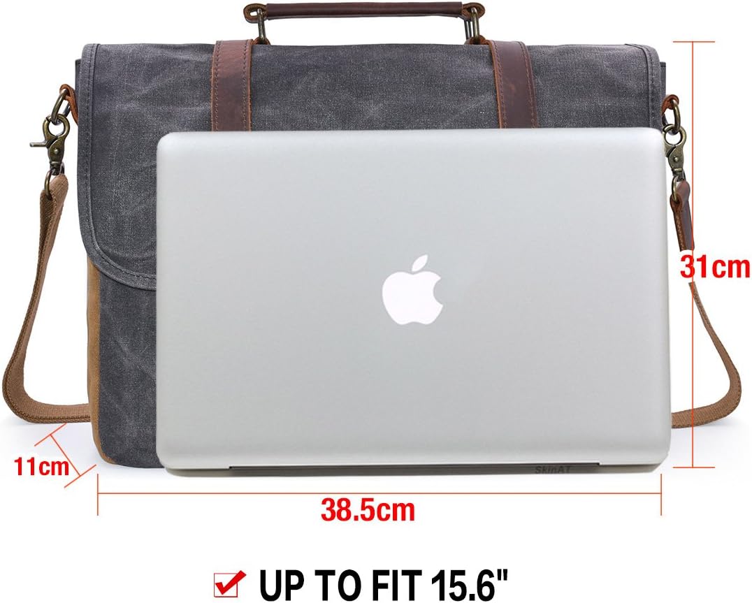 Mens Messenger Bag 15.6 Inch Waterproof Vintage Genuine Leather Waxed Canvas Briefcase Large Leather Computer Laptop Bag Rugged Satchel Shoulder Bag， Brown - Image 7